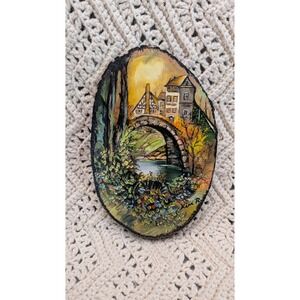 Artist Signed Hand Painted Wood Slice Landscape Village Bridge Rustic Wall Art